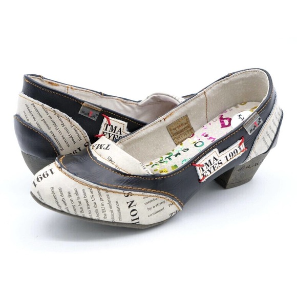 Maia Shoes - Maia Womens 7.5 Pumps Black White Newspaper Print Leather Layered Comfort Heels